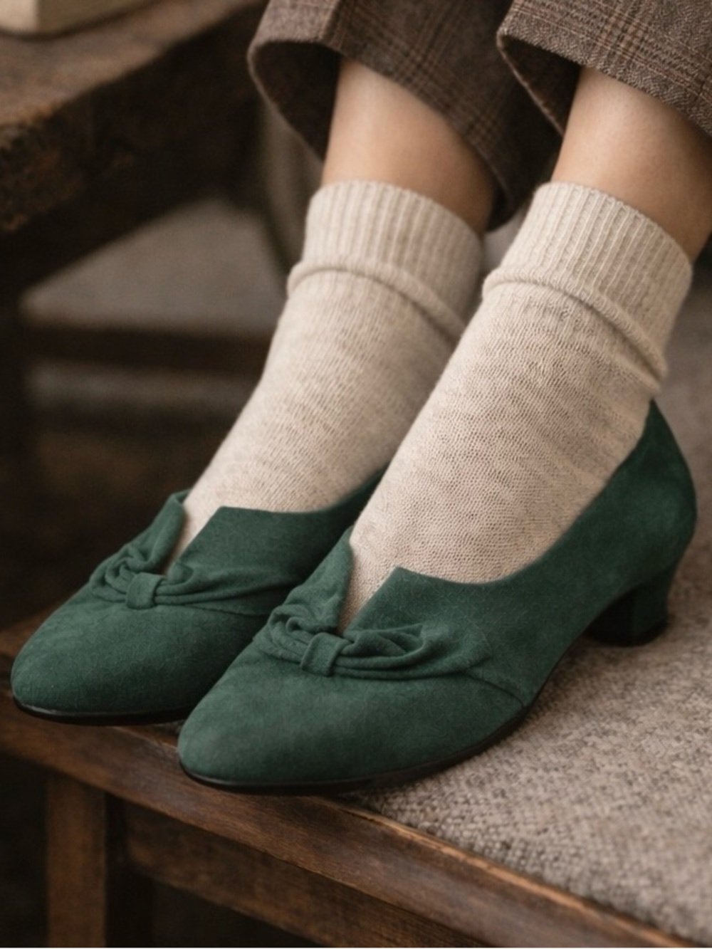 Hotter Donna Green Suede Comfort Heels Low Block Heel Bow Size 6.5